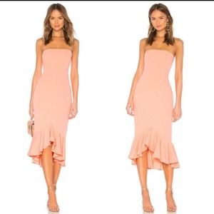 Lovers + Friends Tyler Midi Dress M Strapless Ruffle Flounce Hem High Low Coral